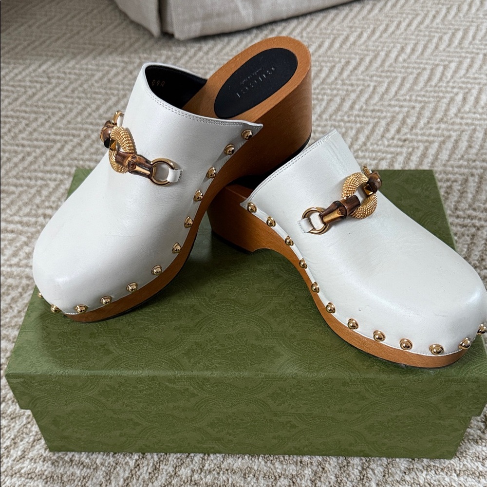 Gucci Ivory Clogs with Gold Studs
